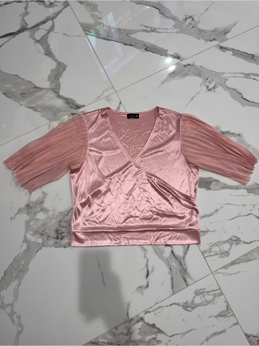 Pleated Sleeve Satin Wrap Top — Pink